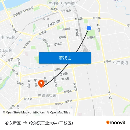 哈东新区 to 哈尔滨工业大学 (二校区) map
