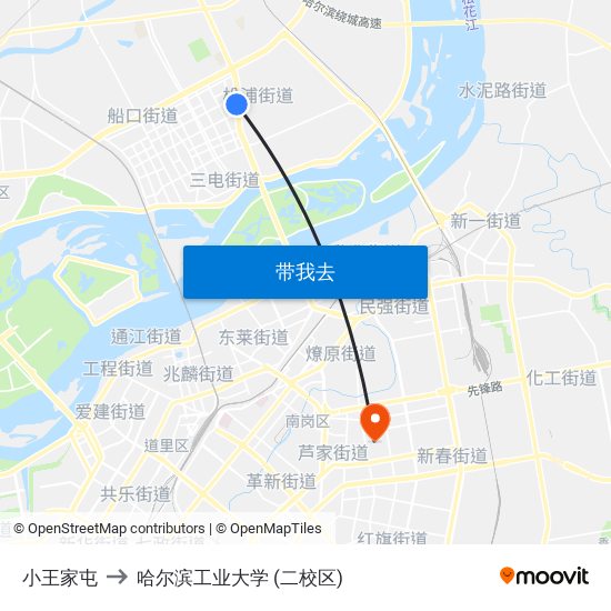 小王家屯 to 哈尔滨工业大学 (二校区) map