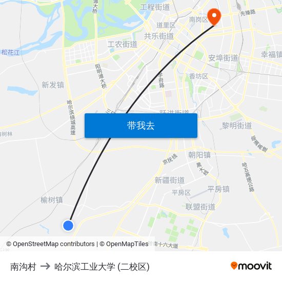 南沟村 to 哈尔滨工业大学 (二校区) map