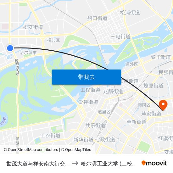 世茂大道与祥安南大街交口 to 哈尔滨工业大学 (二校区) map