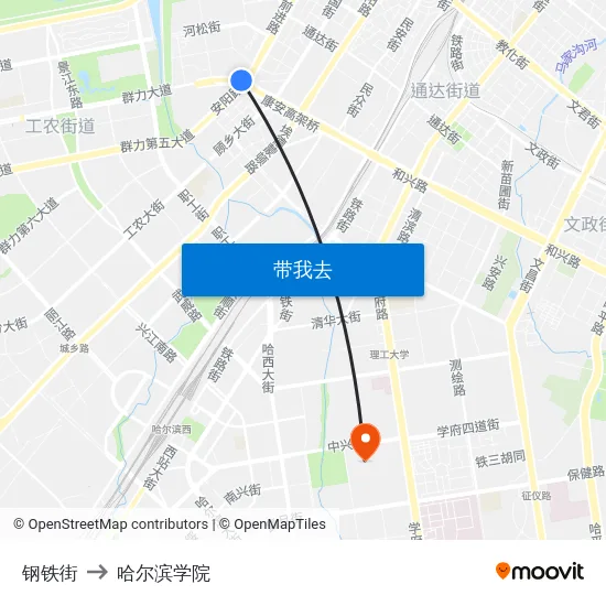 钢铁街 to 哈尔滨学院 map