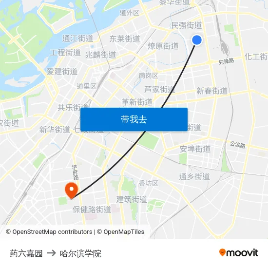 药六嘉园 to 哈尔滨学院 map