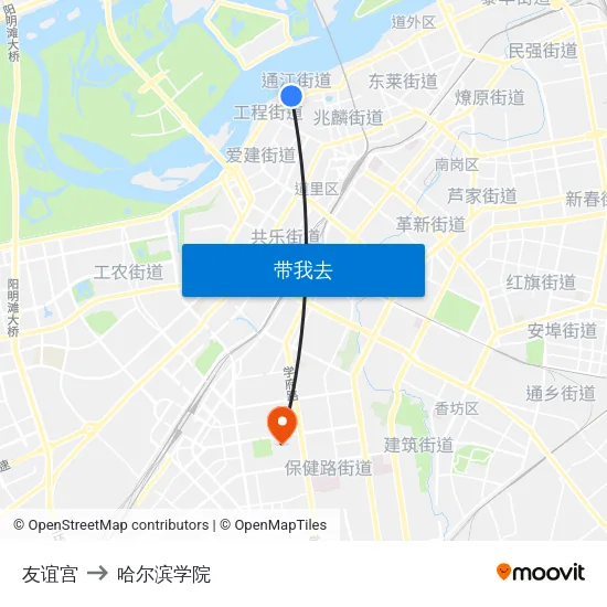 友谊宫 to 哈尔滨学院 map