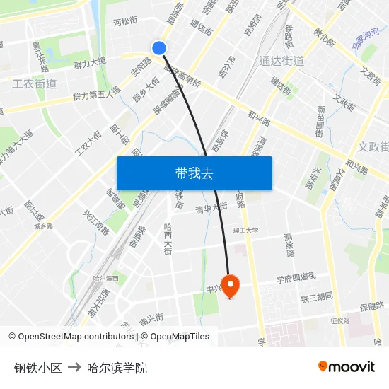 钢铁小区 to 哈尔滨学院 map