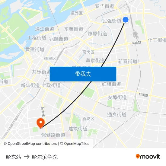 哈东站 to 哈尔滨学院 map