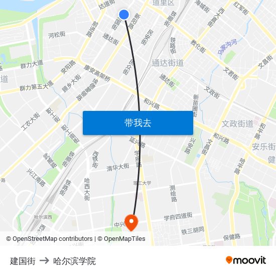 建国街 to 哈尔滨学院 map