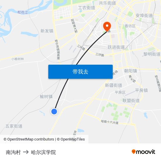 南沟村 to 哈尔滨学院 map