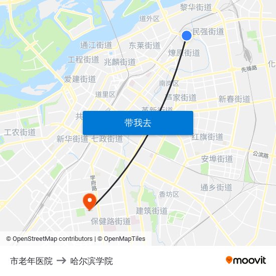 市老年医院 to 哈尔滨学院 map