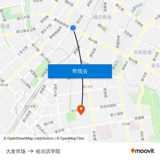 大发市场 to 哈尔滨学院 map