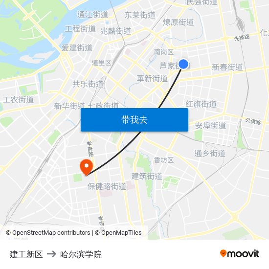 建工新区 to 哈尔滨学院 map