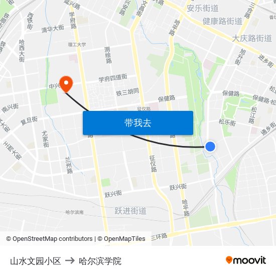 山水文园小区 to 哈尔滨学院 map