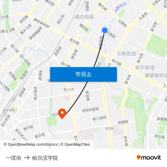 一匡街 to 哈尔滨学院 map