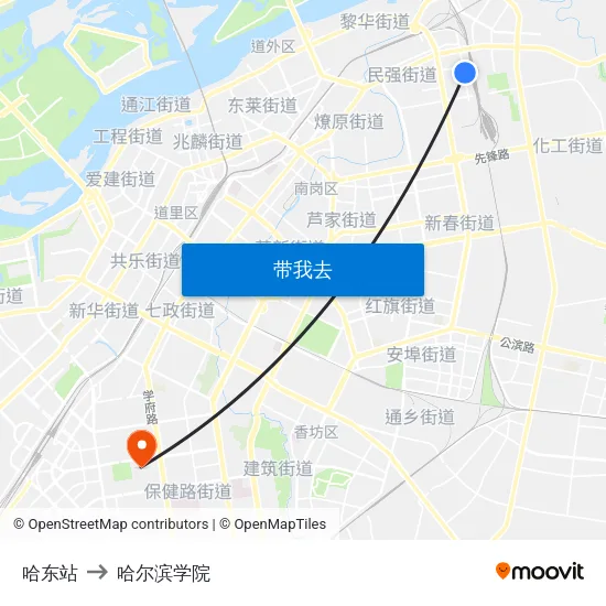 哈东站 to 哈尔滨学院 map