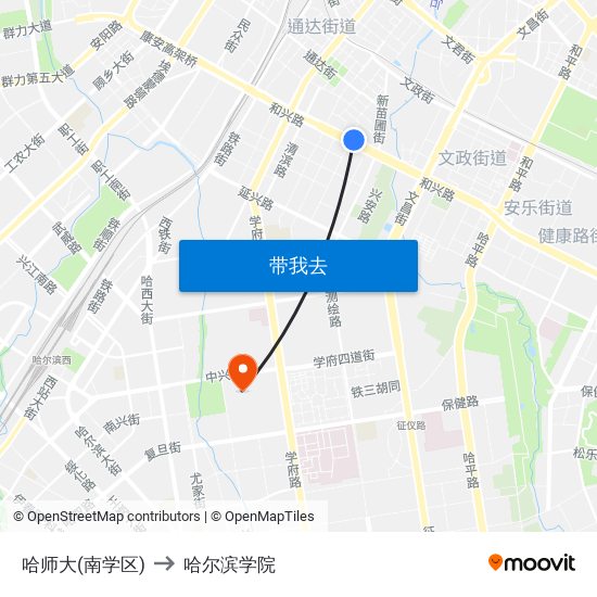 哈师大(南学区) to 哈尔滨学院 map