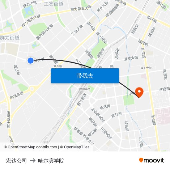 宏达公司 to 哈尔滨学院 map