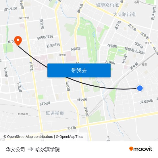 华义公司 to 哈尔滨学院 map
