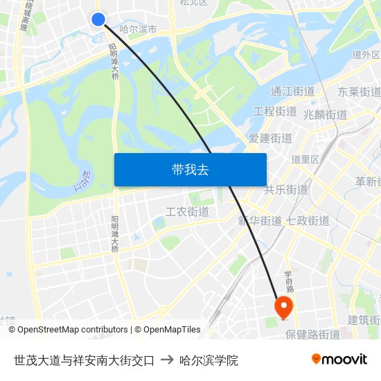 世茂大道与祥安南大街交口 to 哈尔滨学院 map