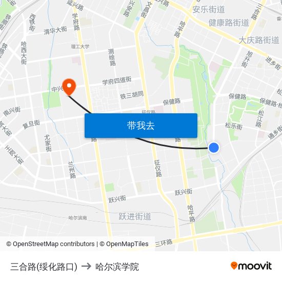 三合路(绥化路口) to 哈尔滨学院 map