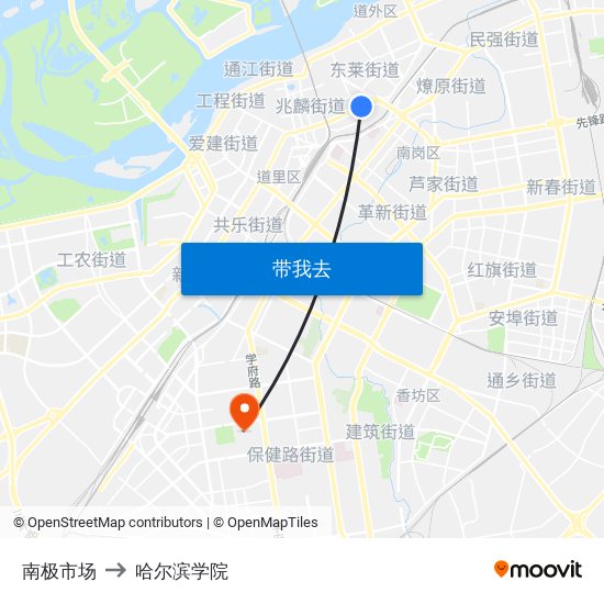 南极市场 to 哈尔滨学院 map