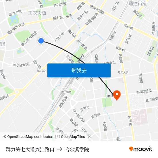 群力第七大道兴江路口 to 哈尔滨学院 map