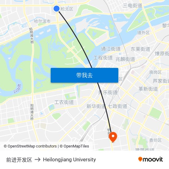 前进开发区 to Heilongjiang University map