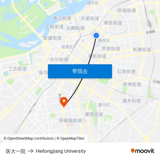 医大一院 to Heilongjiang University map