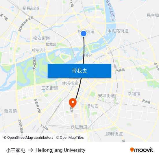 小王家屯 to Heilongjiang University map