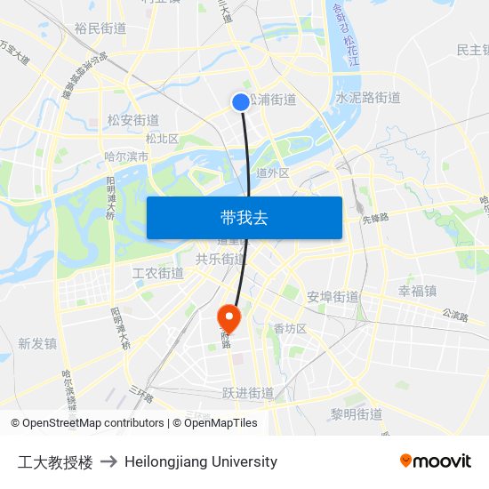 工大教授楼 to Heilongjiang University map