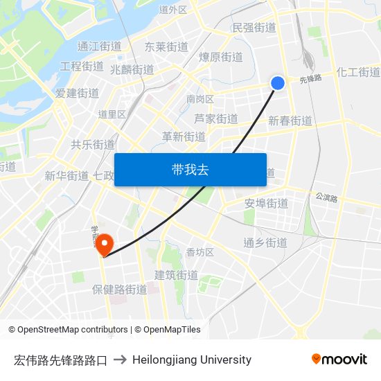 宏伟路先锋路路口 to Heilongjiang University map