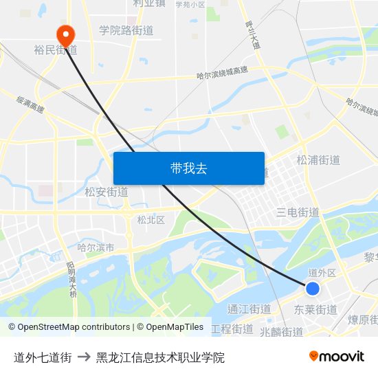道外七道街 to 黑龙江信息技术职业学院 map