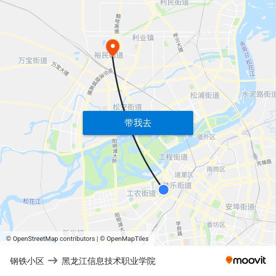 钢铁小区 to 黑龙江信息技术职业学院 map
