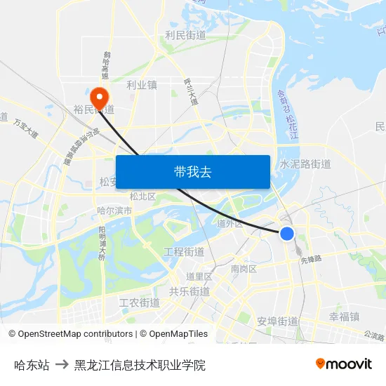 哈东站 to 黑龙江信息技术职业学院 map