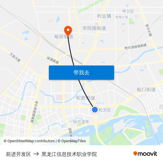 前进开发区 to 黑龙江信息技术职业学院 map