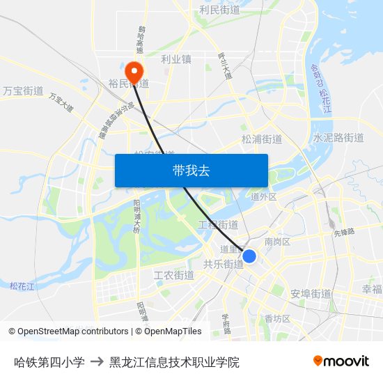 哈铁第四小学 to 黑龙江信息技术职业学院 map