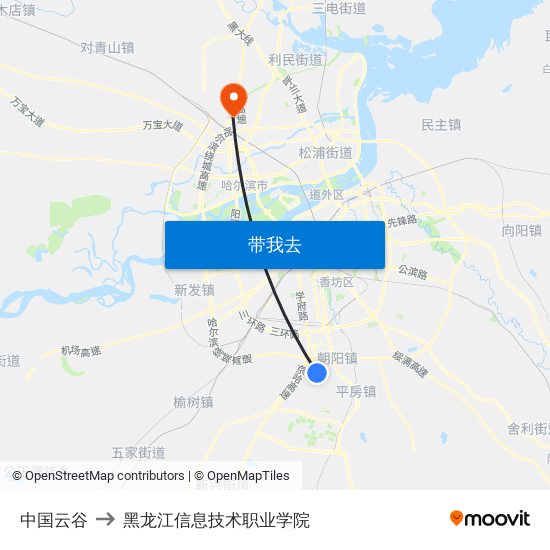 中国云谷 to 黑龙江信息技术职业学院 map