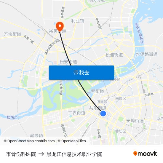 市骨伤科医院 to 黑龙江信息技术职业学院 map