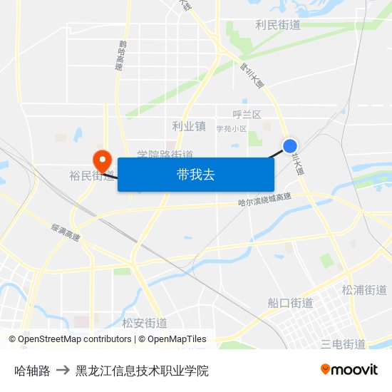 哈轴路 to 黑龙江信息技术职业学院 map