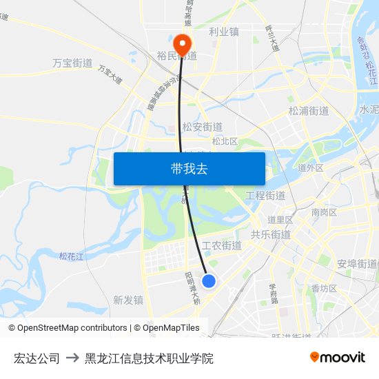 宏达公司 to 黑龙江信息技术职业学院 map