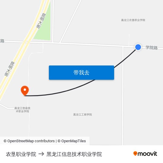 农垦职业学院 to 黑龙江信息技术职业学院 map