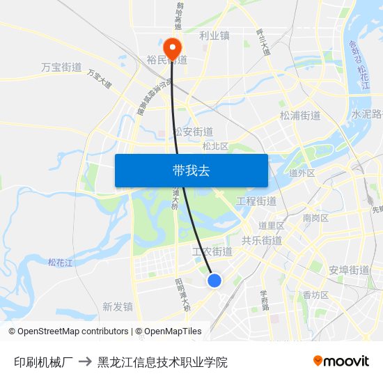 印刷机械厂 to 黑龙江信息技术职业学院 map