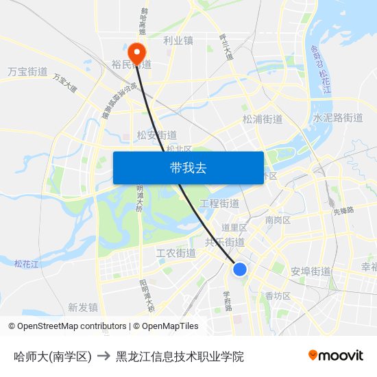 哈师大(南学区) to 黑龙江信息技术职业学院 map