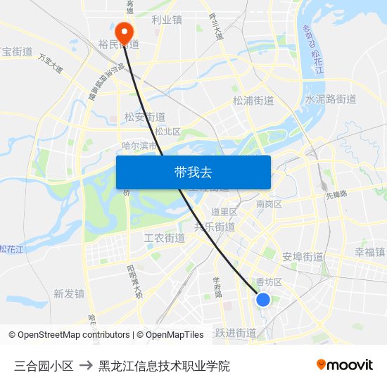 三合园小区 to 黑龙江信息技术职业学院 map