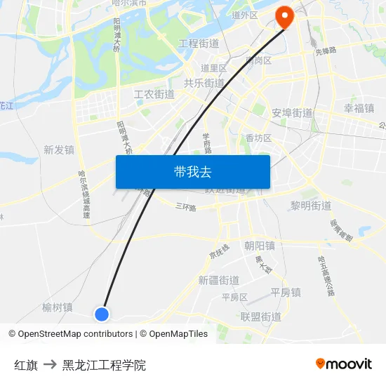 红旗 to 黑龙江工程学院 map