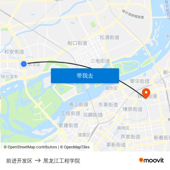 前进开发区 to 黑龙江工程学院 map