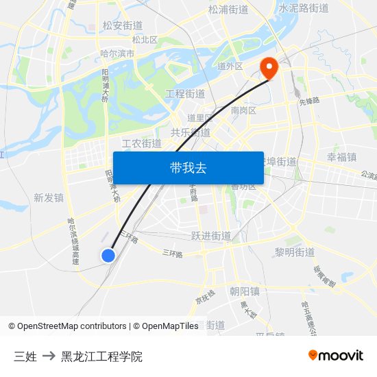 三姓 to 黑龙江工程学院 map