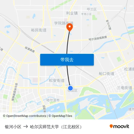 银河小区 to 哈尔滨师范大学（江北校区） map