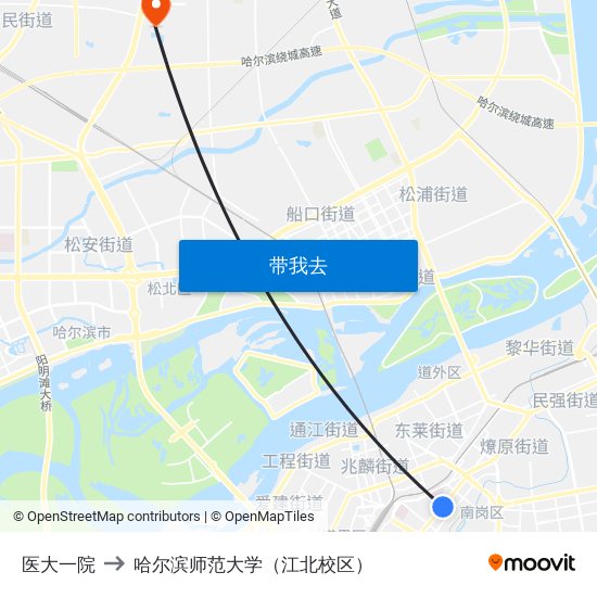 医大一院 to 哈尔滨师范大学（江北校区） map