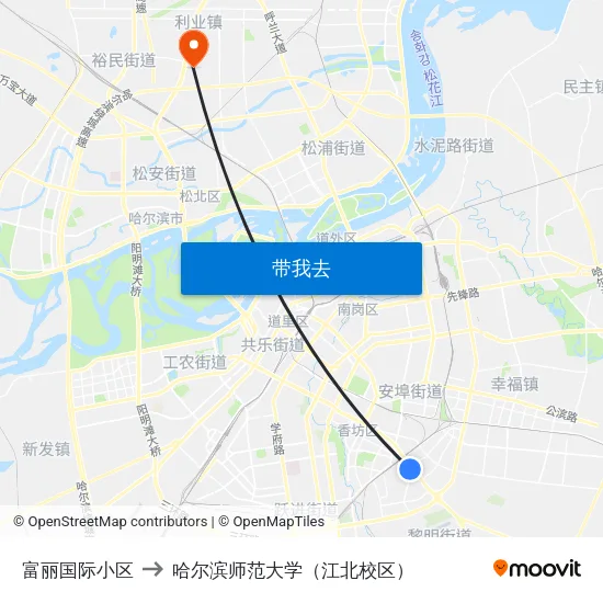 富丽国际小区 to 哈尔滨师范大学（江北校区） map
