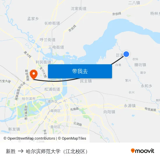 新胜 to 哈尔滨师范大学（江北校区） map