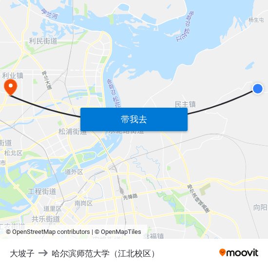 大坡子 to 哈尔滨师范大学（江北校区） map
